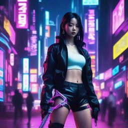 A captivating young Korean girl in a cyberpunk world, stylishly dressed in long trousers, brandishing cutting-edge swords with neon highlights set against the backdrop of a high-tech Seoul