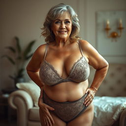 A mature woman with large breasts and weathered skin, posing confidently in elegant lingerie that highlights her curves and natural beauty