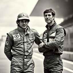 A monochromatic photograph capturing two legendary Formula 1 drivers, Ayrton Senna and Sebastian Vettel, in a dynamic pose that evokes the spirit of racing