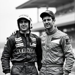 A monochromatic photograph capturing two legendary Formula 1 drivers, Ayrton Senna and Sebastian Vettel, in a dynamic pose that evokes the spirit of racing