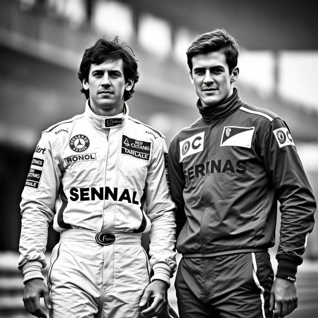 A monochromatic photograph capturing two legendary Formula 1 drivers, Ayrton Senna and Sebastian Vettel, in a dynamic pose that evokes the spirit of racing