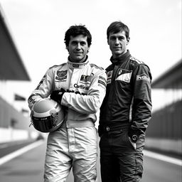 A monochromatic photograph capturing two legendary Formula 1 drivers, Ayrton Senna and Sebastian Vettel, in a dynamic pose that evokes the spirit of racing