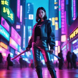 A captivating young Korean girl in a cyberpunk world, stylishly dressed in long trousers, brandishing cutting-edge swords with neon highlights set against the backdrop of a high-tech Seoul