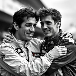 A highly realistic black and white photograph capturing two iconic Formula 1 drivers, Ayrton Senna and Sebastian Vettel, embracing each other in a moment of camaraderie
