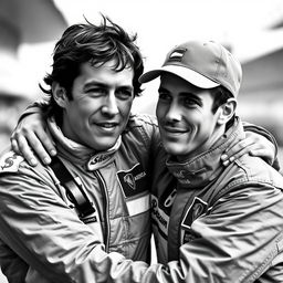 A highly realistic black and white photograph capturing two iconic Formula 1 drivers, Ayrton Senna and Sebastian Vettel, embracing each other in a moment of camaraderie