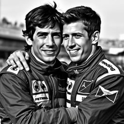 A highly realistic black and white photograph capturing two iconic Formula 1 drivers, Ayrton Senna and Sebastian Vettel, embracing each other in a moment of camaraderie