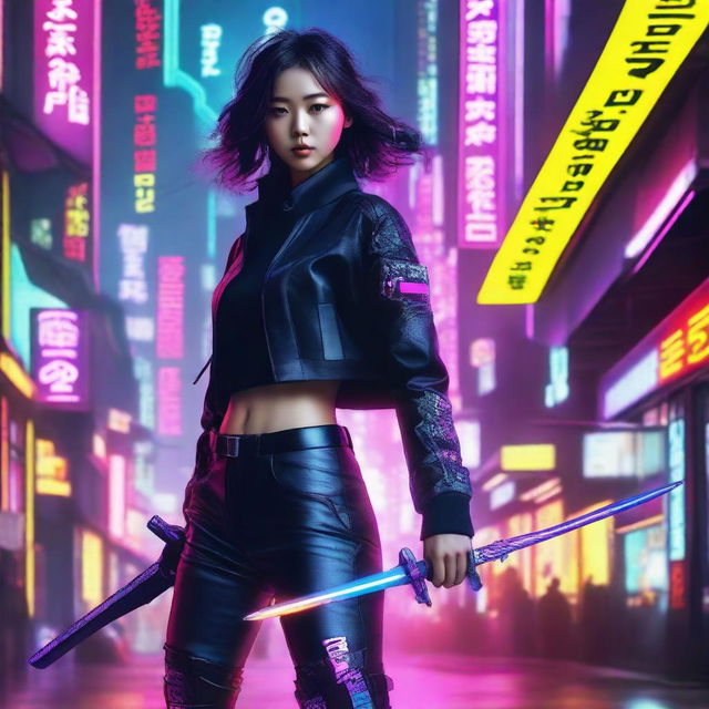 A captivating young Korean girl in a cyberpunk world, stylishly dressed in long trousers, brandishing cutting-edge swords with neon highlights set against the backdrop of a high-tech Seoul