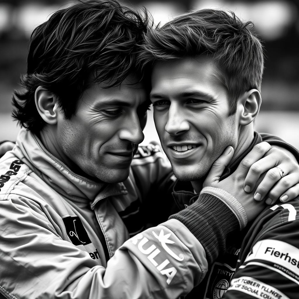 A highly realistic black and white photograph capturing two iconic Formula 1 drivers, Ayrton Senna and Sebastian Vettel, embracing each other in a moment of camaraderie