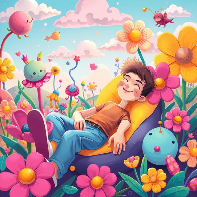 A whimsical and funny illustration of a quirky person in an imaginative setting, surrounded by colorful, surreal elements that reflect their carefree attitude