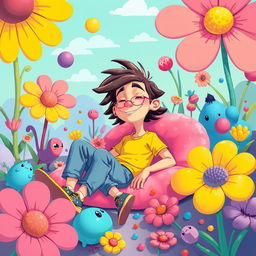 A whimsical and funny illustration of a quirky person in an imaginative setting, surrounded by colorful, surreal elements that reflect their carefree attitude