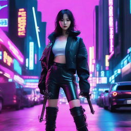 A captivating young Korean girl in a cyberpunk world, stylishly dressed in long trousers, brandishing cutting-edge swords with neon highlights set against the backdrop of a high-tech Seoul