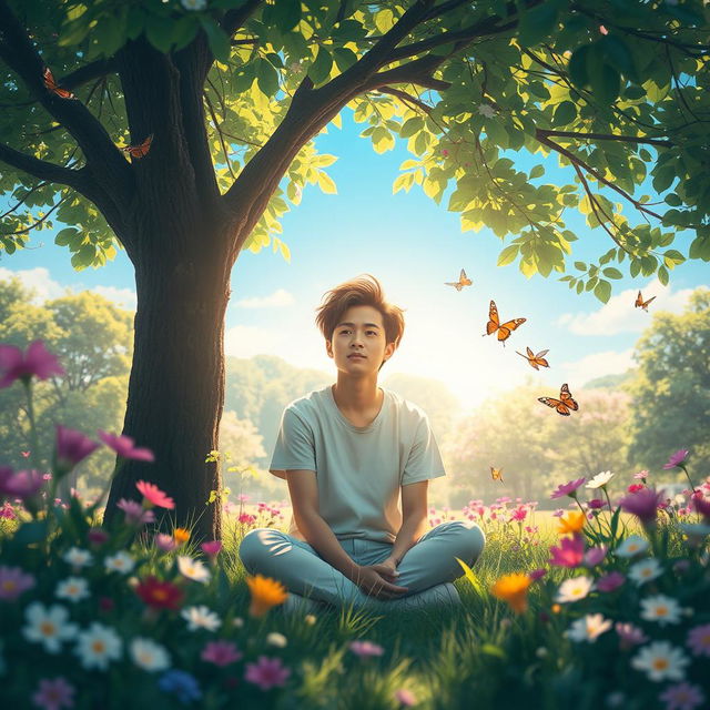 A serene and contemplative scene, showcasing a calm individual sitting under a tree in a beautiful park, immersed in thought