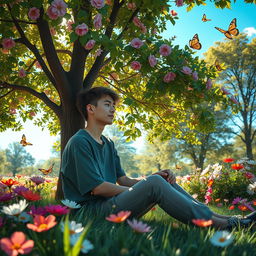 A serene and contemplative scene, showcasing a calm individual sitting under a tree in a beautiful park, immersed in thought