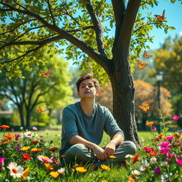 A serene and contemplative scene, showcasing a calm individual sitting under a tree in a beautiful park, immersed in thought