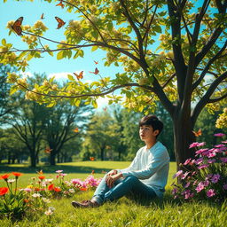A serene and contemplative scene, showcasing a calm individual sitting under a tree in a beautiful park, immersed in thought