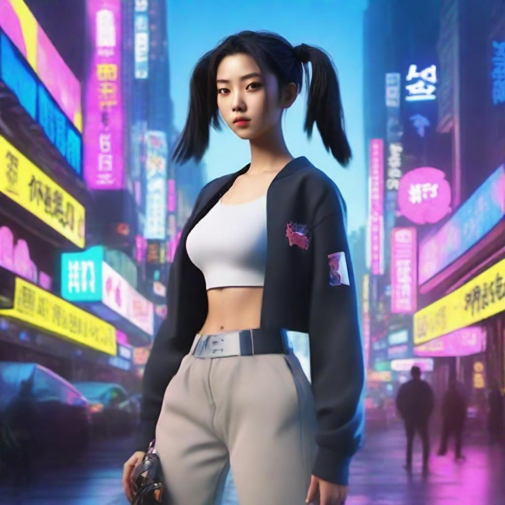 An alluring young Korean girl residing in a cyberpunk universe, dressed in long trousers, adopting the stance of an expert samurai amidst the high-tech cityscape of a futuristic Seoul