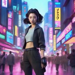 An alluring young Korean girl residing in a cyberpunk universe, dressed in long trousers, adopting the stance of an expert samurai amidst the high-tech cityscape of a futuristic Seoul