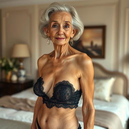 A thin elderly woman with very small breasts and deeply wrinkled skin, gracefully modeling elegant black lingerie