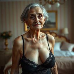 A thin elderly woman with very small breasts and deeply wrinkled skin, gracefully modeling elegant black lingerie