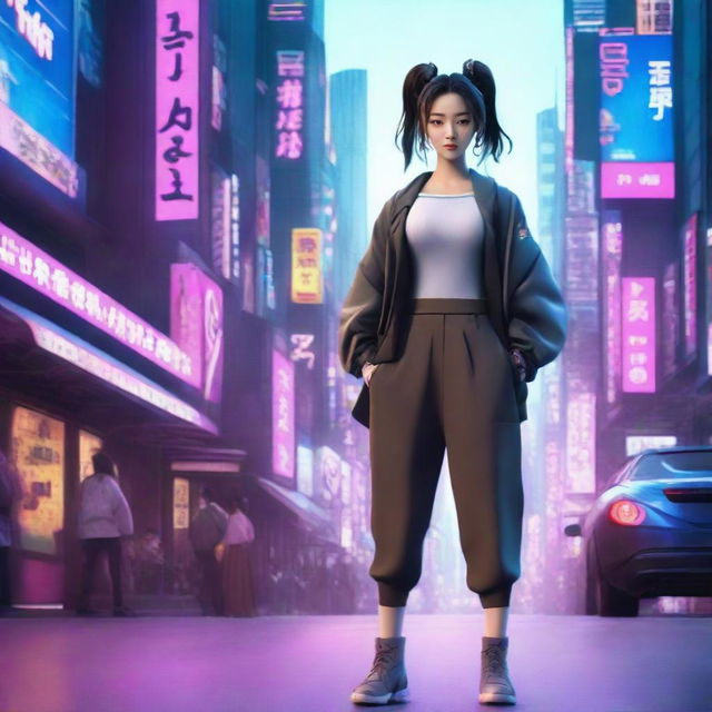 An alluring young Korean girl residing in a cyberpunk universe, dressed in long trousers, adopting the stance of an expert samurai amidst the high-tech cityscape of a futuristic Seoul