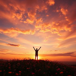 A vibrant, life-changing moment in a person's life, featuring a stunning sunset over a serene landscape