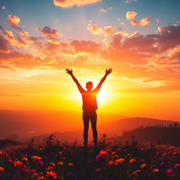 A vibrant, life-changing moment in a person's life, featuring a stunning sunset over a serene landscape