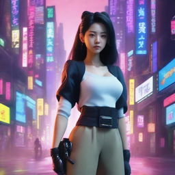 An alluring young Korean girl residing in a cyberpunk universe, dressed in long trousers, adopting the stance of an expert samurai amidst the high-tech cityscape of a futuristic Seoul