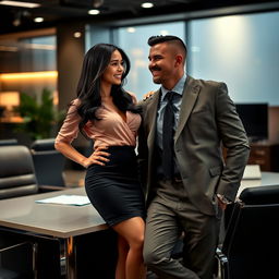 An Asian sexy secretary wearing a fitted blouse and a tight pencil skirt, playfully flirting with her hunky, handsome white boss