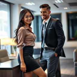 An Asian sexy secretary wearing a fitted blouse and a tight pencil skirt, playfully flirting with her hunky, handsome white boss