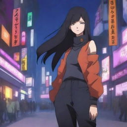 An enchanting young Korean girl, immersed in a cyberpunk atmosphere, donning long trousers and taking on the enigmatic persona of a ninja, juxtaposed with the futuristic bright lights of techno-infused Seoul