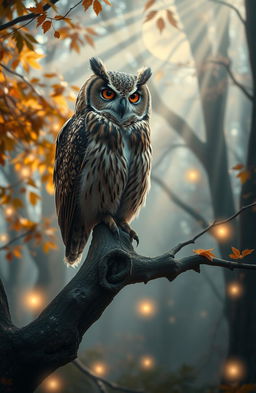 A serene and wise old owl perched atop a gnarled tree branch in a mystical forest, surrounded by soft glowing lights and colorful leaves