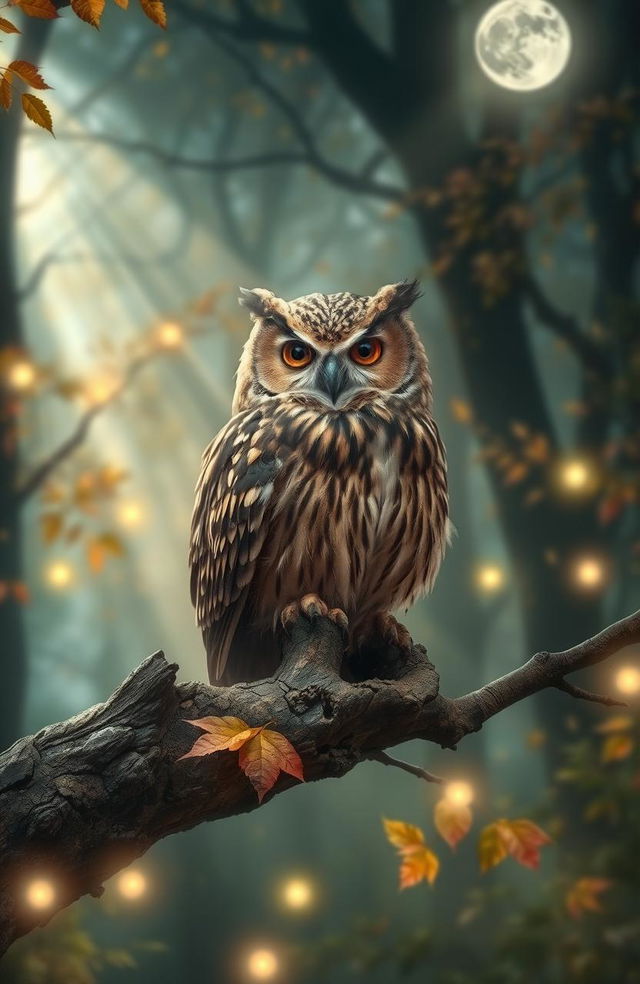 A serene and wise old owl perched atop a gnarled tree branch in a mystical forest, surrounded by soft glowing lights and colorful leaves