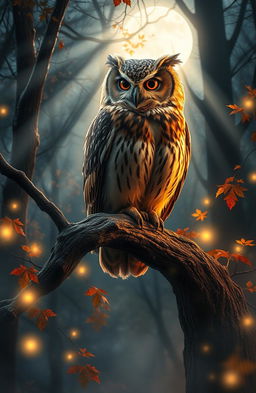 A serene and wise old owl perched atop a gnarled tree branch in a mystical forest, surrounded by soft glowing lights and colorful leaves