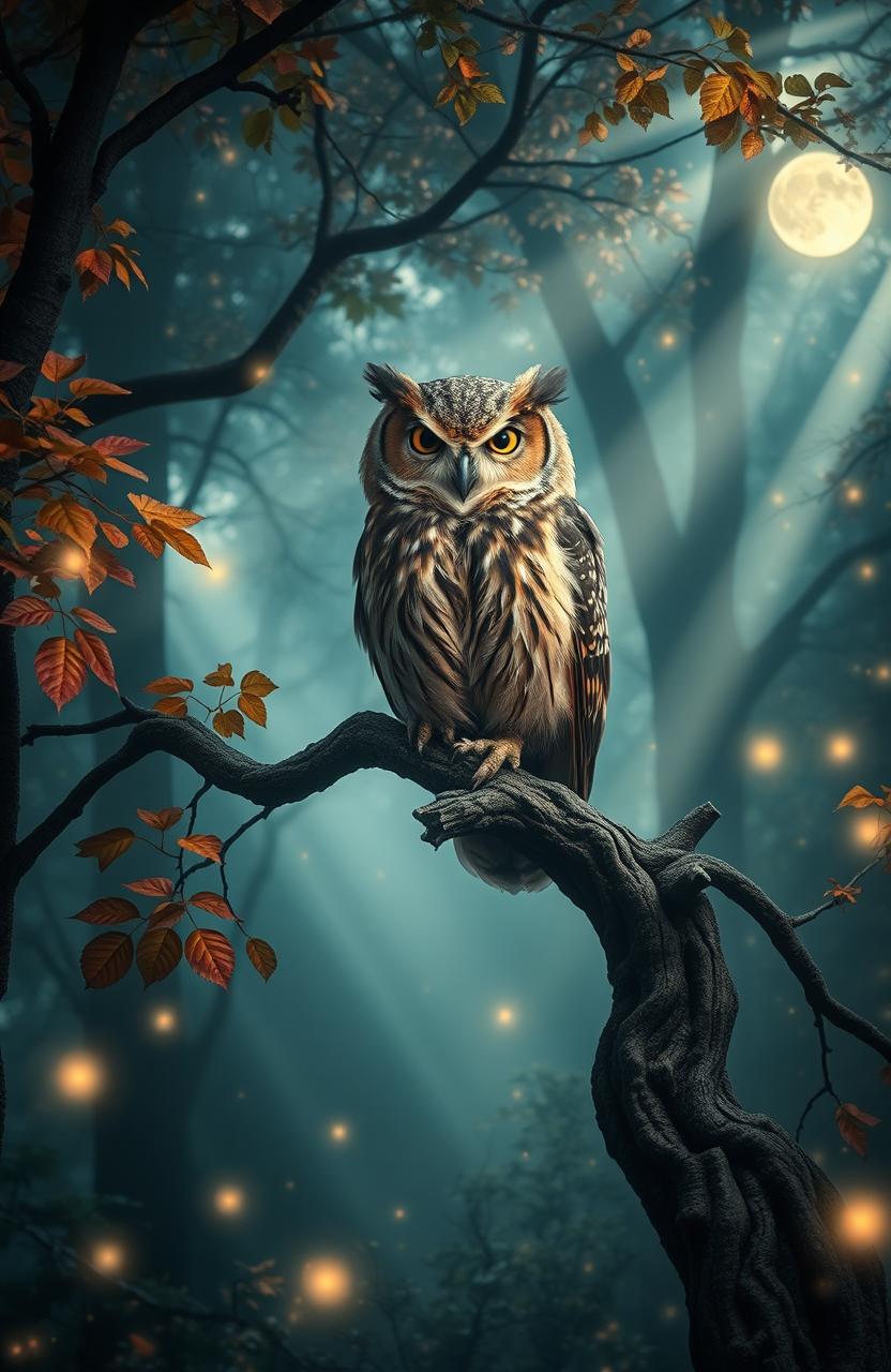 A serene and wise old owl perched atop a gnarled tree branch in a mystical forest, surrounded by soft glowing lights and colorful leaves