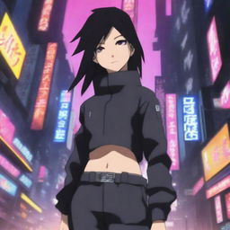 An enchanting young Korean girl, immersed in a cyberpunk atmosphere, donning long trousers and taking on the enigmatic persona of a ninja, juxtaposed with the futuristic bright lights of techno-infused Seoul