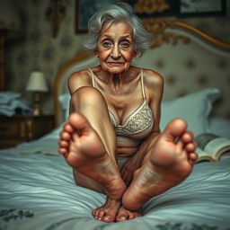 A thin elderly woman with very small breasts and very wrinkled skin, showcasing her beautiful feet