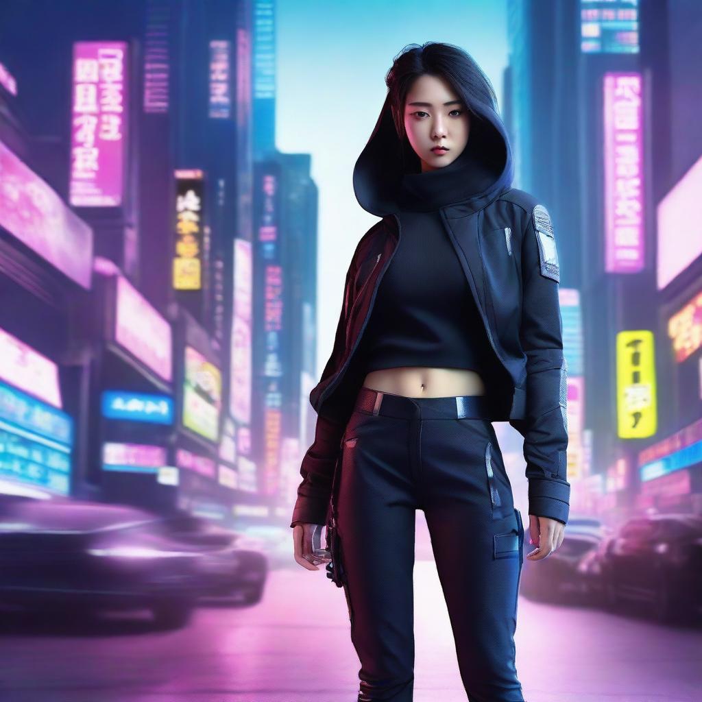 Hyper-realistic portrayal of a captivating young Korean girl, in long trousers with a cyberpunk style, embodying the stealth and agility of a ninja amid the electronically charged metropolis of a future Seoul