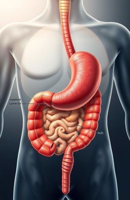 A highly detailed anatomical illustration of a human stomach, showcasing its structure and function