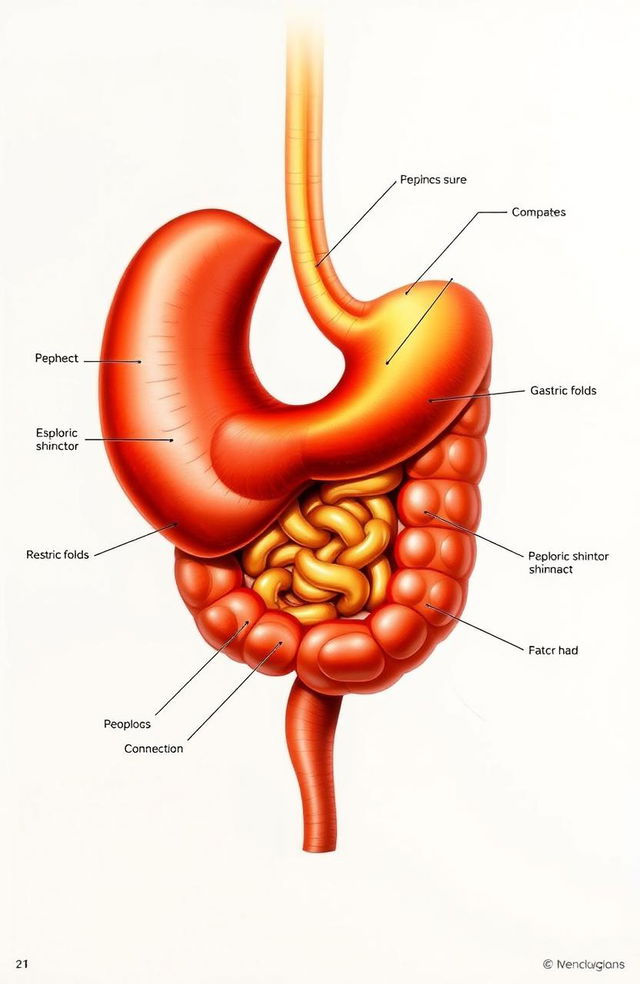 A highly detailed anatomical illustration of a human stomach, showcasing its structure and function