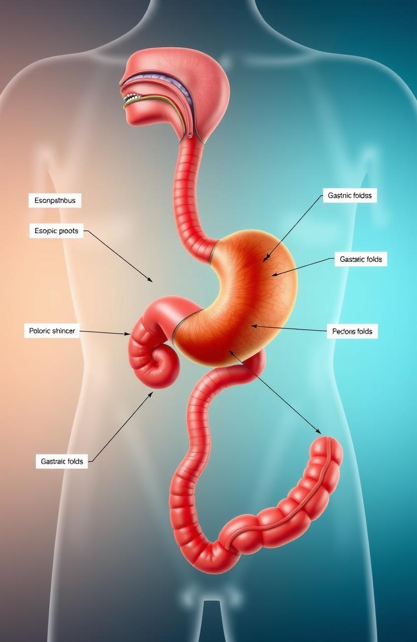 A highly detailed anatomical illustration of a human stomach, showcasing its structure and function