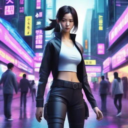 Hyper-realistic portrayal of a captivating young Korean girl, in long trousers with a cyberpunk style, embodying the stealth and agility of a ninja amid the electronically charged metropolis of a future Seoul