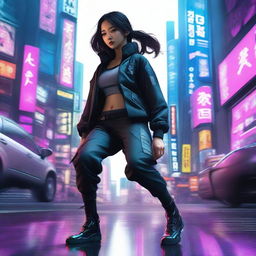 Hyper-realistic portrayal of a captivating young Korean girl, in long trousers with a cyberpunk style, embodying the stealth and agility of a ninja amid the electronically charged metropolis of a future Seoul