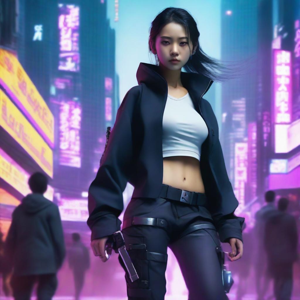 Hyper-realistic portrayal of a captivating young Korean girl, in long trousers with a cyberpunk style, embodying the stealth and agility of a ninja amid the electronically charged metropolis of a future Seoul