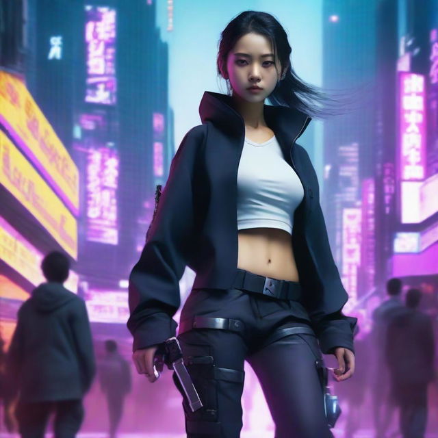 Hyper-realistic portrayal of a captivating young Korean girl, in long trousers with a cyberpunk style, embodying the stealth and agility of a ninja amid the electronically charged metropolis of a future Seoul