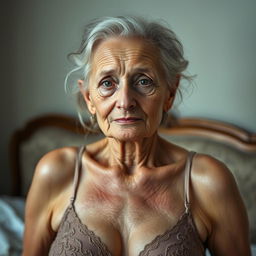 A thin elderly woman with a mastectomy, showcasing her beautiful yet very wrinkled skin, dressed elegantly in delicate lingerie
