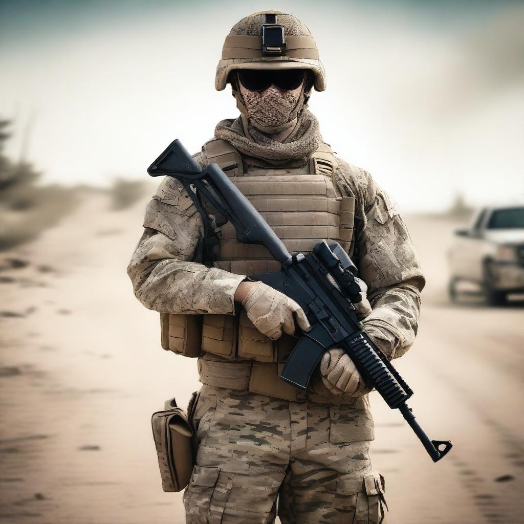 Generate an image of a modern American soldier, dressed in up-to-date camouflage, carefully securing peace on a dusty road.