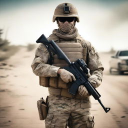 Generate an image of a modern American soldier, dressed in up-to-date camouflage, carefully securing peace on a dusty road.