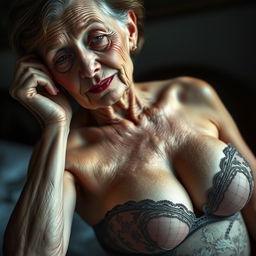 A thin elderly woman with a mastectomy, showcasing her beautiful yet very wrinkled skin, dressed elegantly in delicate lingerie