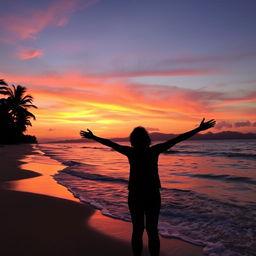 A beautiful sunset over a serene beach, casting warm colors of orange, pink, and purple across the sky