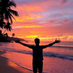 A beautiful sunset over a serene beach, casting warm colors of orange, pink, and purple across the sky